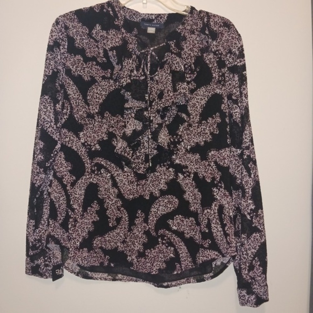 Tommy Hilfiger Women's Black L Paisley Print‎ Long Sleeve Tie Neck Blouse Top